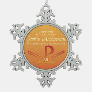 60th Jubilee Anniversary Nun Pax Cross, Orange Snowflake Pewter Christmas Ornament