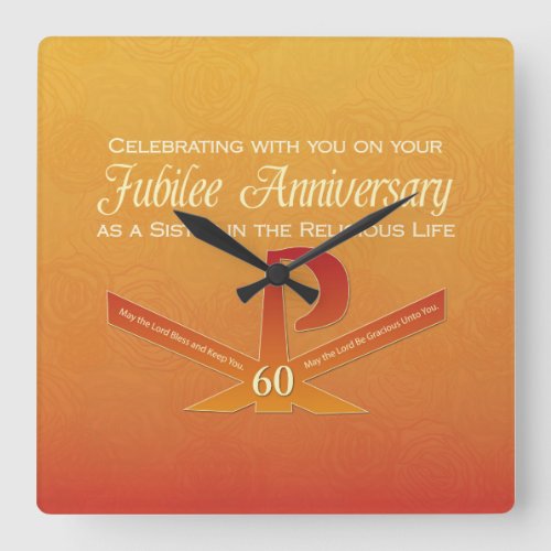 60th Jubilee Anniversary Nun Pax Cross Orange Square Wall Clock