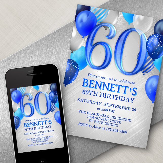 60th Mens Blue Birthday Invitation (Creator Uploaded)