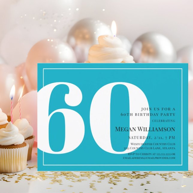 60th Modern Aqua and White Script Birthday Invitation (Creator Uploaded)