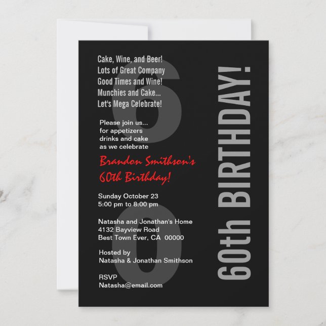60th Modern Birthday Black White Red Template (Front)