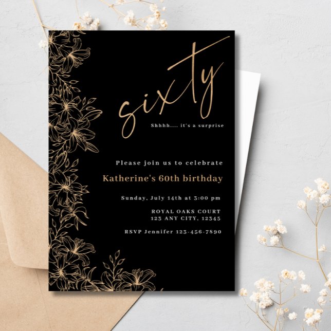  60th Modern Black & Gold Foil Surprise Birthday Foil Invitation (Creator Uploaded)