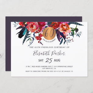 60th Modern boho floral watercolor birthday party Invitation
