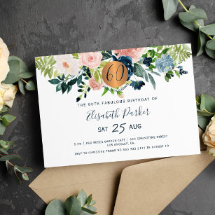 60th Modern navy flowers watercolor birthday party Invitation
