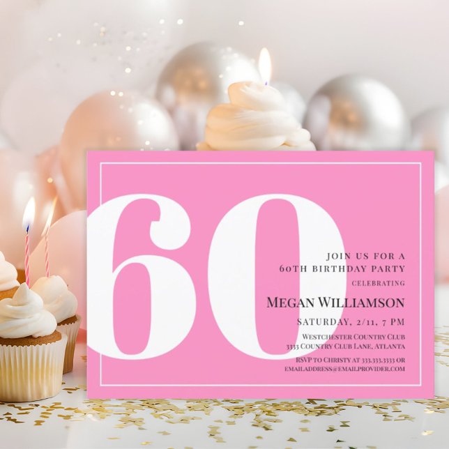 60th Modern Pink and White Script Birthday Invitation (Creator Uploaded)