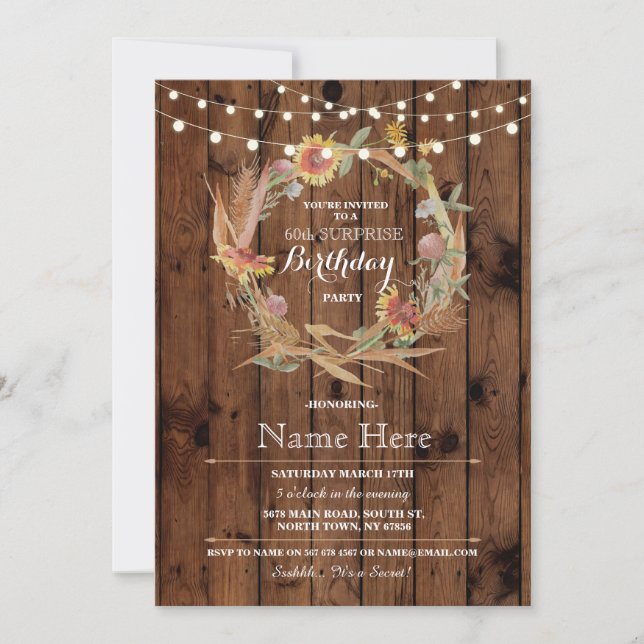 60th or Any Age Birthday Party Wood Floral Invite (Front)