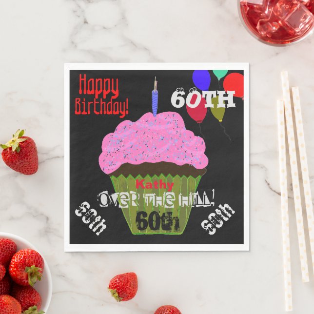 60th Over the Hill Personalized Pink Cupcake Napkins (Insitu)