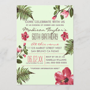 60th Party Exotic Hibiscus & Tropical Palm Leaves Invitation