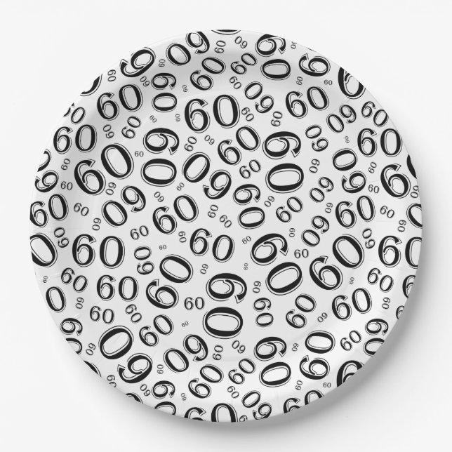 60th Party Random Number Pattern Black/White Paper Plates (Front)