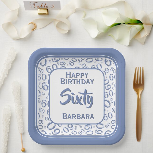 60th Party Random Number Pattern Blue/White  Paper Plates (Wedding)