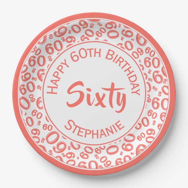 60th Party Random Number Pattern Coral/White Paper Plates (Front)