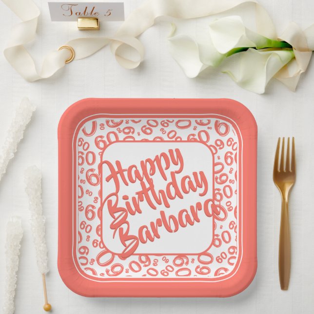 60th Party Random Number Pattern Coral & White Paper Plates (Wedding)