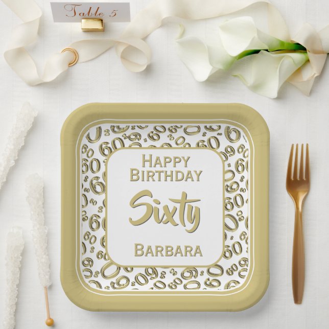 60th Party Random Number Pattern Gold/White  Paper Plates (Wedding)
