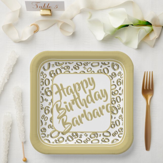 60th Party Random Number Pattern Gold White Paper Plates (Wedding)