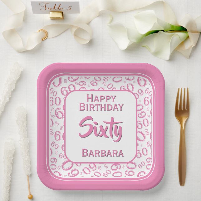60th Party Random Number Pattern Pink/White  Paper Plates (Wedding)