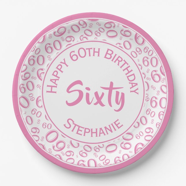 60th Party Random Number Pattern Pink/White Paper Plates (Front)