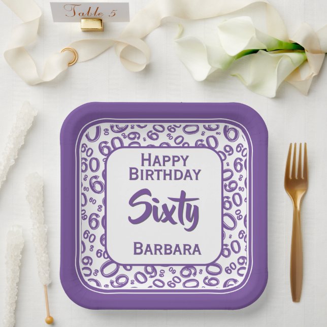 60th Party Random Number Pattern Purple/White  Paper Plates (Wedding)
