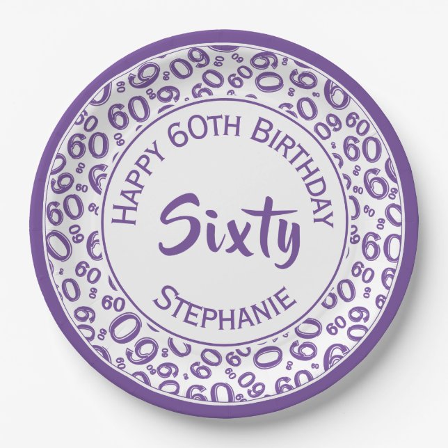 60th Party Random Number Pattern Purple/White Paper Plates (Front)
