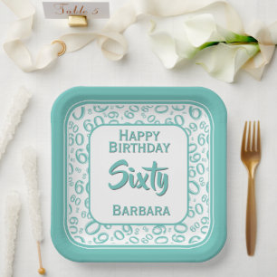 60th Party Random Number Pattern Teal/White Paper Plates
