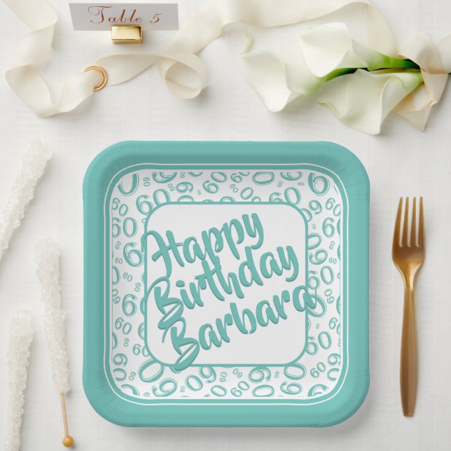 60th Party Random Number Pattern Teal & White Paper Plates (Wedding)