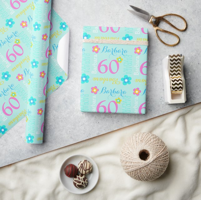 60th personalized name floral birthday wrap wrapping paper (Crafts)