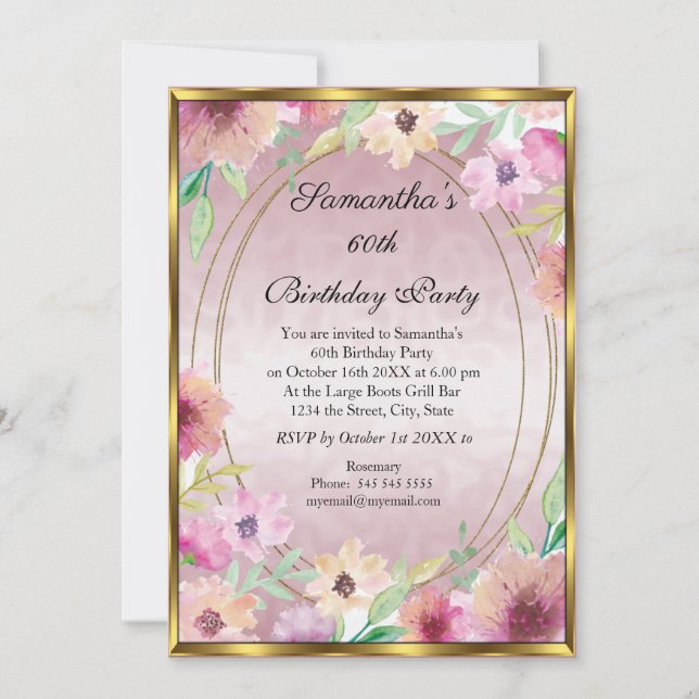 60th Pink Floral Gold Birthday Party Invitation (Front)
