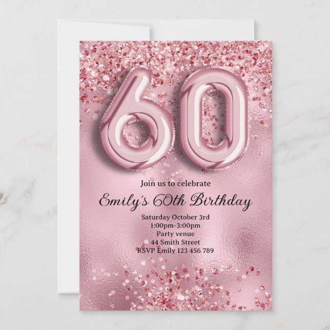 60th Pink Glitter Birthday Invitation (Front)