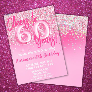 60th Pink Glitter Birthday Party Invitation by WittyPrintables at Zazzle