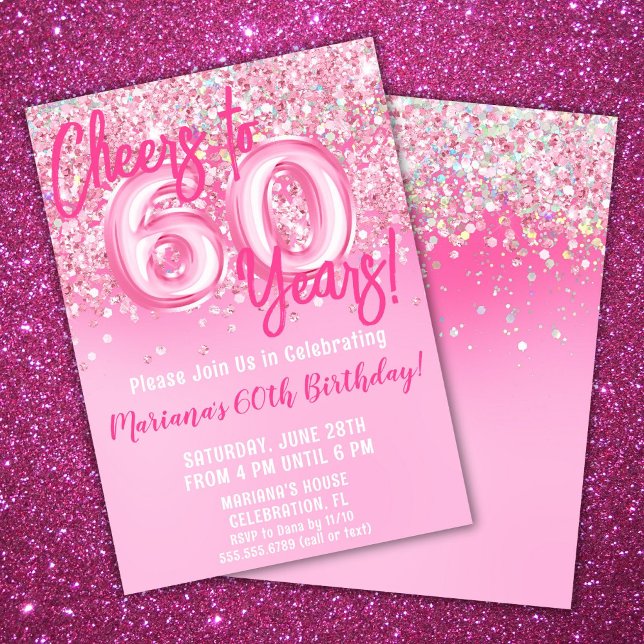 60th Pink Glitter Birthday Party Invitation (Creator Uploaded)