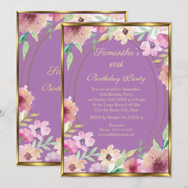 60th Purple Floral Gold Birthday Party Invitation (Front/Back)