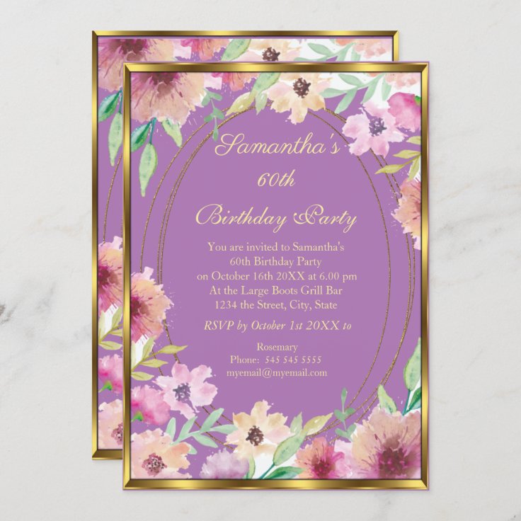 60th Purple Floral Gold Birthday Party Invitation | Zazzle