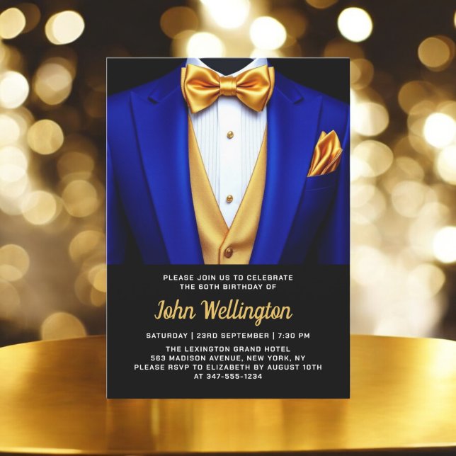 60th Royal Blue and Gold Tuxedo Birthday Event Invitation (Creator Uploaded)