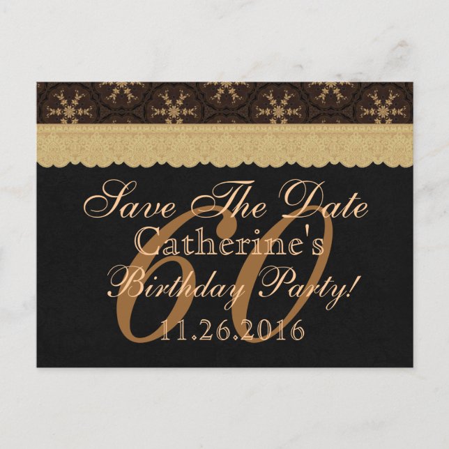 60th Save the Date Birthday Pale Gold Lace Black 2 Announcement Postcard (Front)