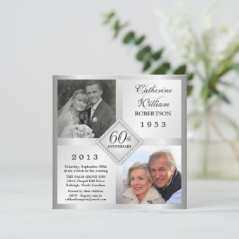 60th Silver Diamond Anniversary Photo Invitations | Zazzle