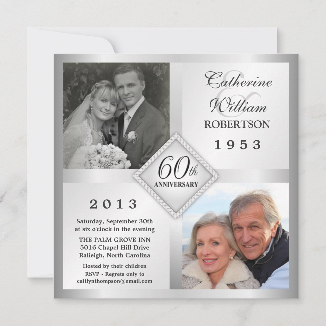 60th Silver Diamond Anniversary Photo Invitations | Zazzle