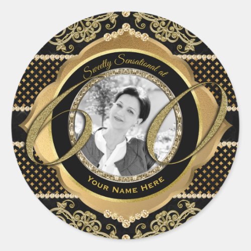 60th Sixty_Year_Old Gold Diamond Black Photo Frame Classic Round Sticker