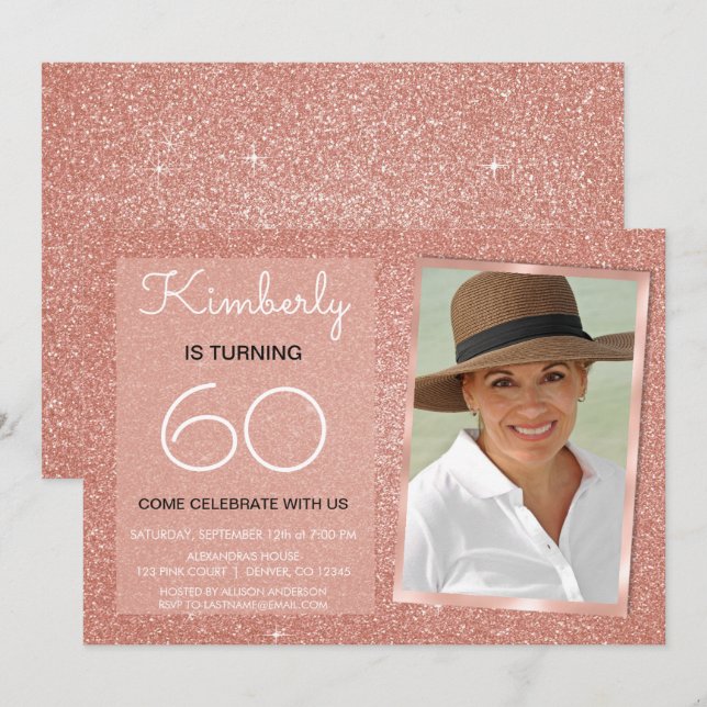 60th Sparkle Rose Gold Blush Pink Photo Invitation (Front/Back)