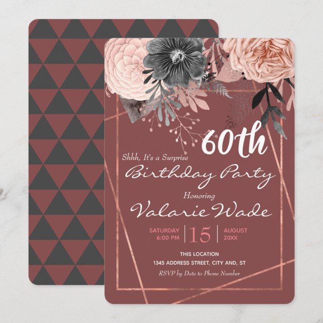 60th Suprise Birthday Party Pink Roses Invitation (Front/Back)