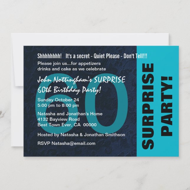 60th SURPRISE Birthday Aqua Blue and Black A02 Invitation (Front)
