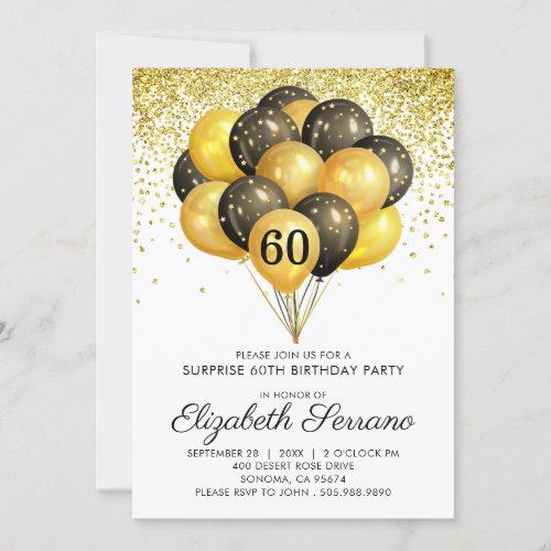 60th Surprise Birthday Black Gold Glitter   Invitation