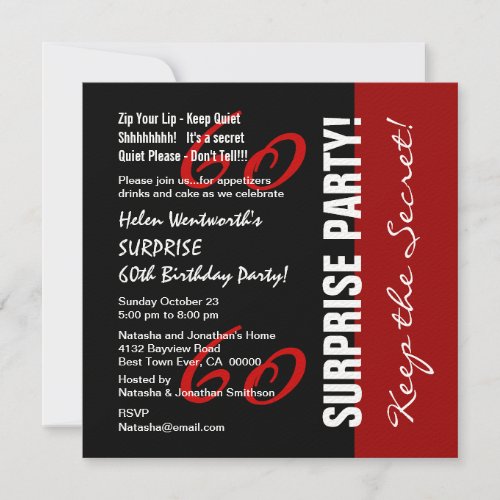 60th SURPRISE Birthday Black Red White Felt Paper Custom Announcement