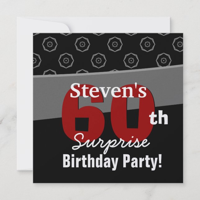 60th Surprise Birthday Black Red White Geometric Invitation (Front)