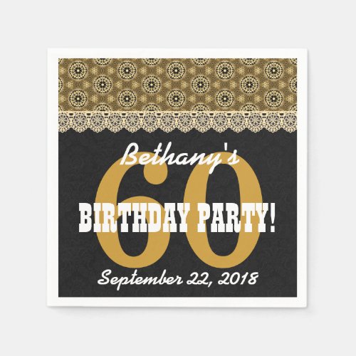 60th SURPRISE Birthday For Her A10 Black and Gold Paper Napkins