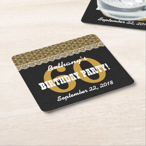 60th SURPRISE Birthday For Her A13 Black and Gold Square Paper Coaster