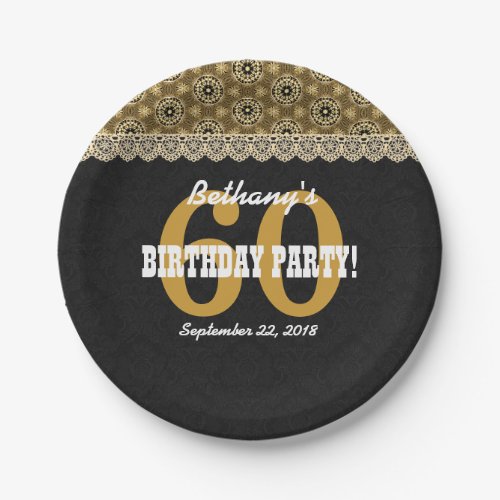 60th SURPRISE Birthday For Her A15 Black and Gold Paper Plates