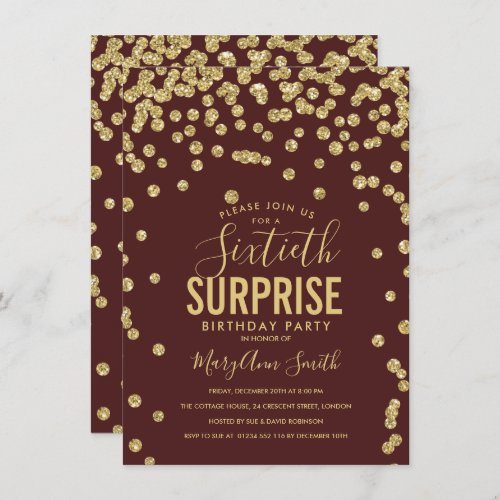 60th Surprise Birthday Gold Burgundy Invitation