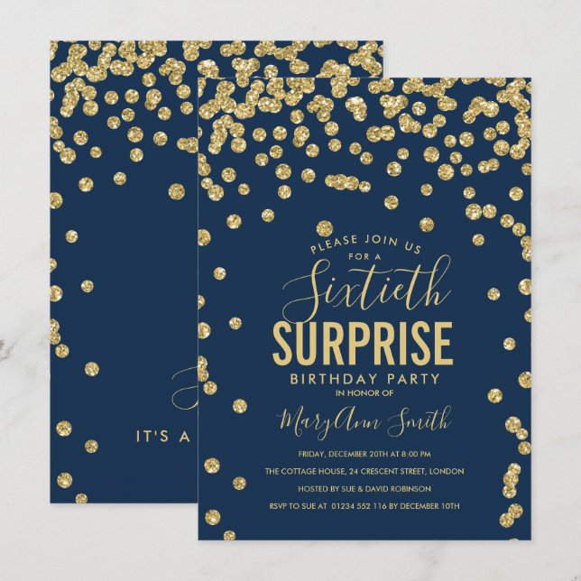60th Surprise Birthday Gold Navy Blue Invitation (Front/Back)