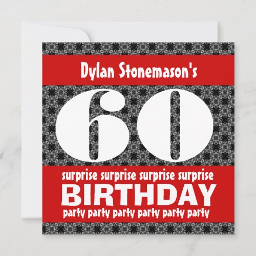 60th Surprise Birthday Party Black Red White Invitation