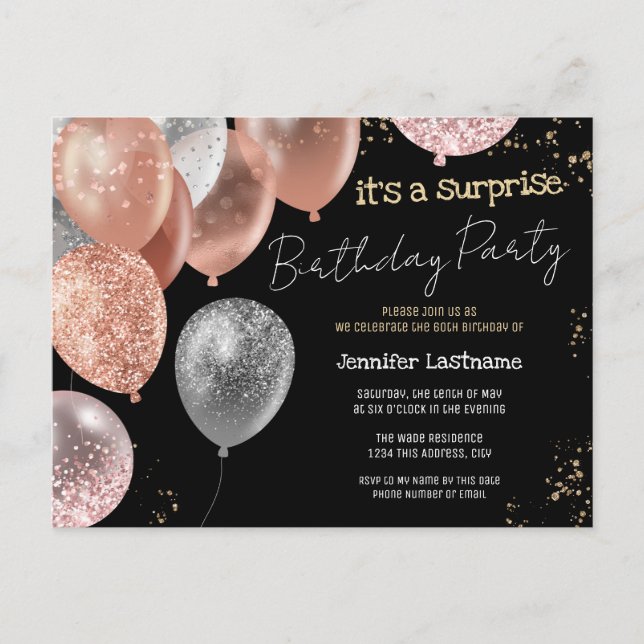 60th Surprise Birthday Party Glitter Balloons Postcard (Front)