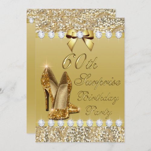 60th Surprise Birthday Party Gold Heels Diamonds Invitation